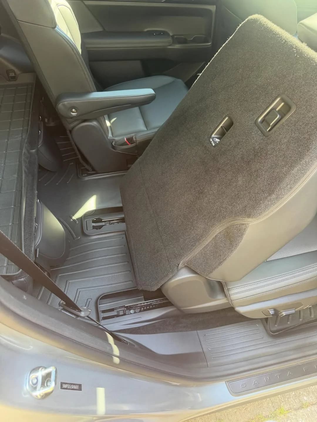 Pet hair collected across the carpeted area of an SUV interior